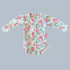 Ruffle Butts Kids Flamingo Print One Piece Rash Guard Swimwear Size 12-18 M